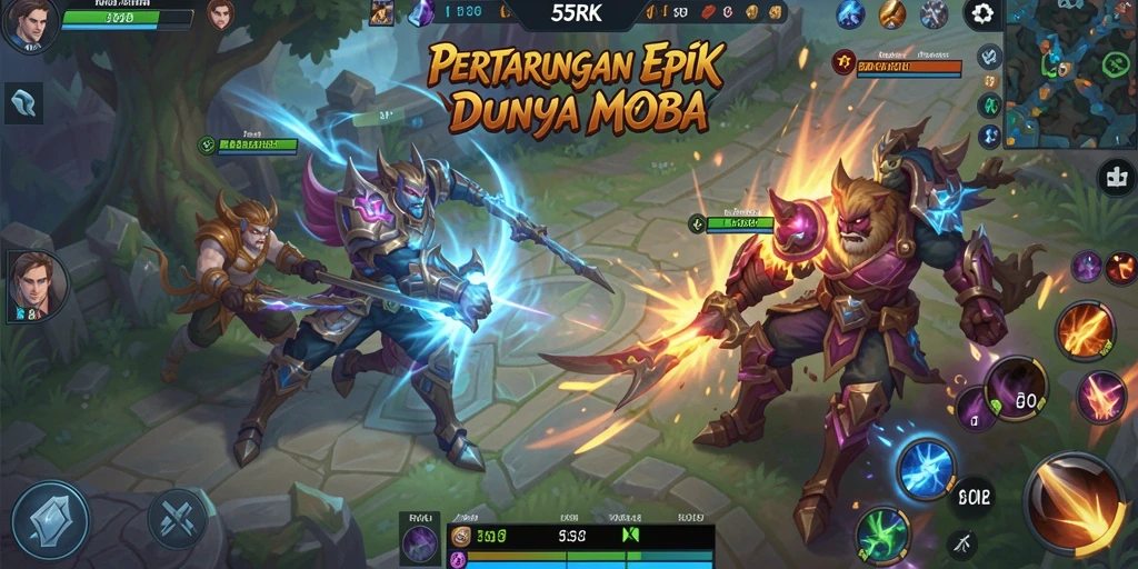 Tangkapan layar gameplay 55RK menampilkan aksi seru pertempuran tim MOBA.