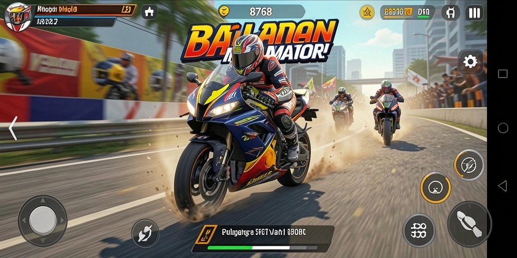 Screenshot menampilkan aksi balapan motor yang intens.