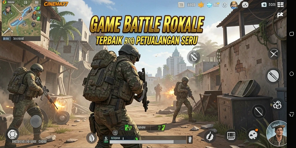 Tangkapan layar utama CINEMA77 menampilkan aksi seru Battle Royale.