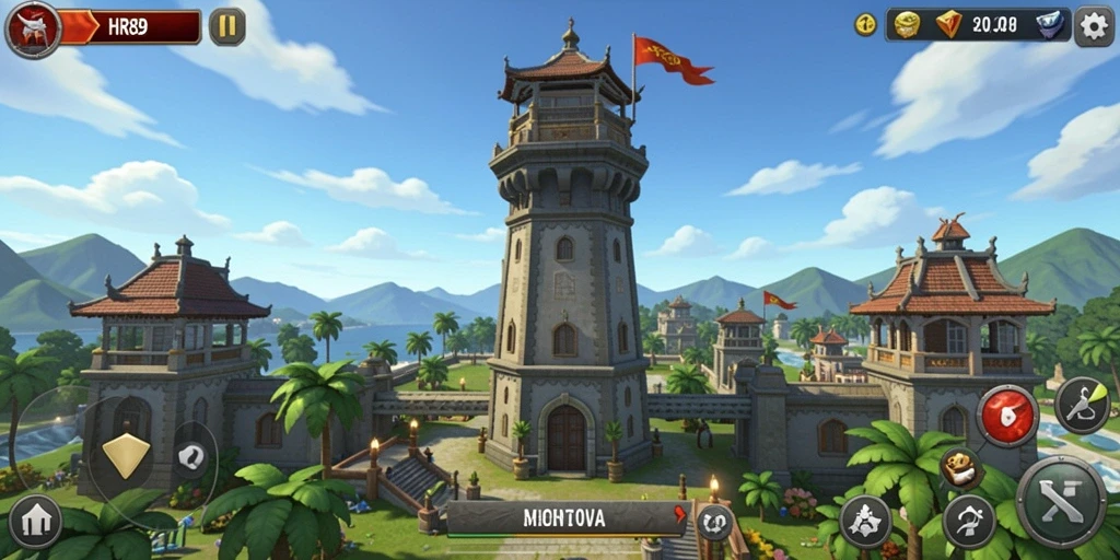 Tampilan gameplay menegangkan di HR89 dengan menara yang menghalau serangan musuh.