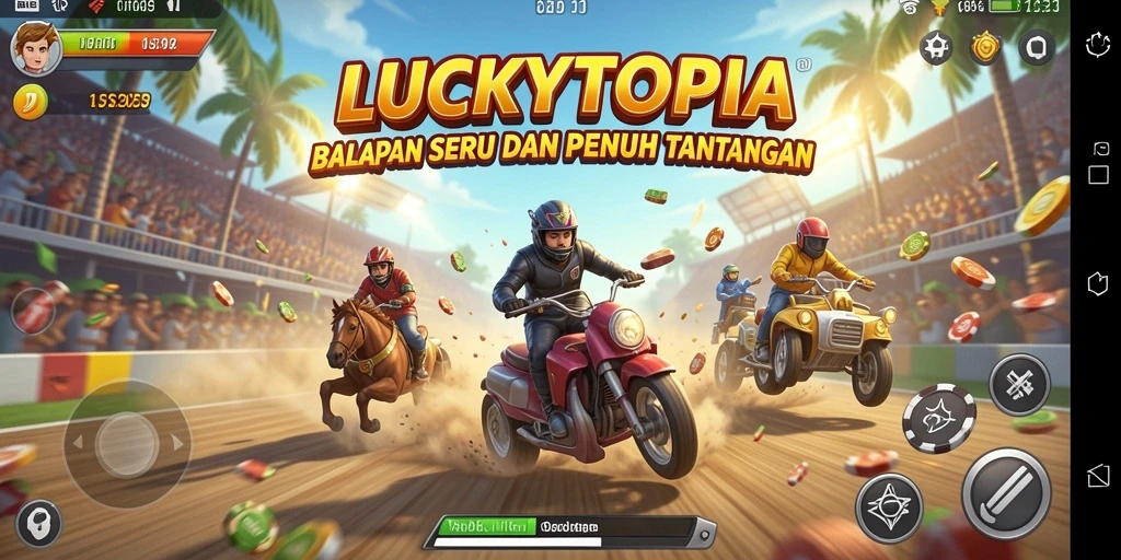 Screenshot gameplay LUCKYTOPIA yang mendebarkan saat balapan.