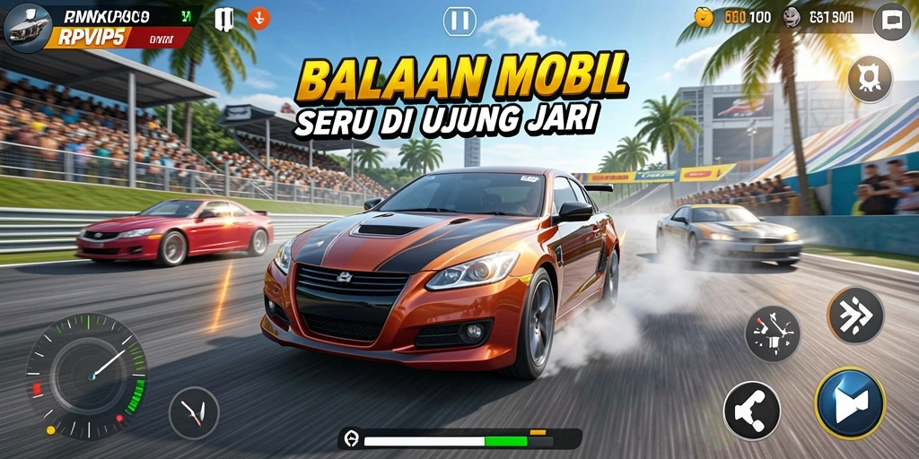 Tangkapan layar RPVIP5 menunjukkan aksi balapan yang mendebarkan dan mobil berdesain keren.