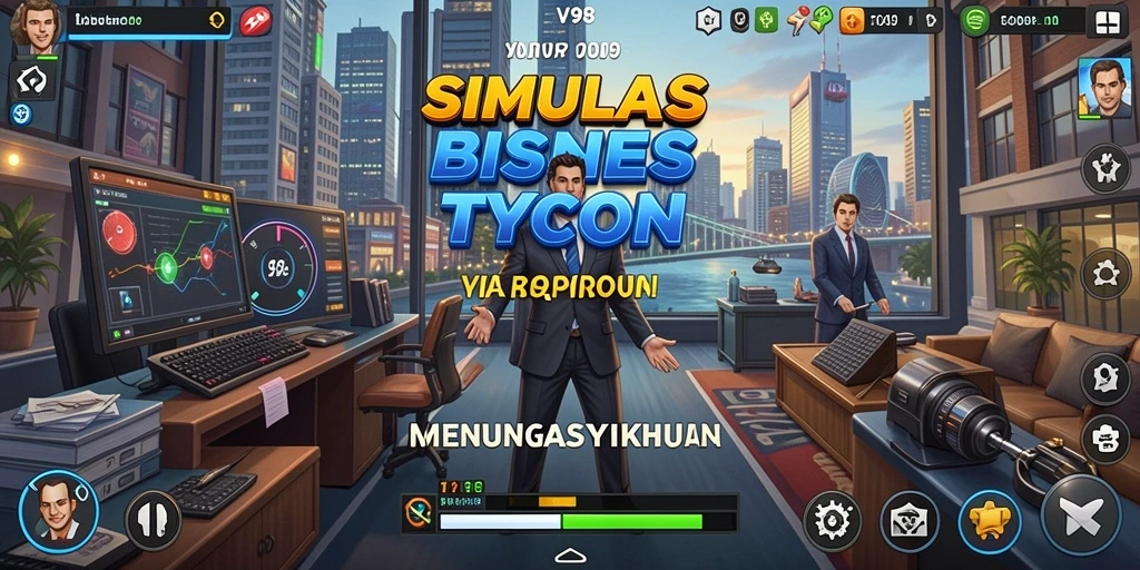 Tangkapan layar utama V98 menunjukkan gameplay Tycoon yang seru.
